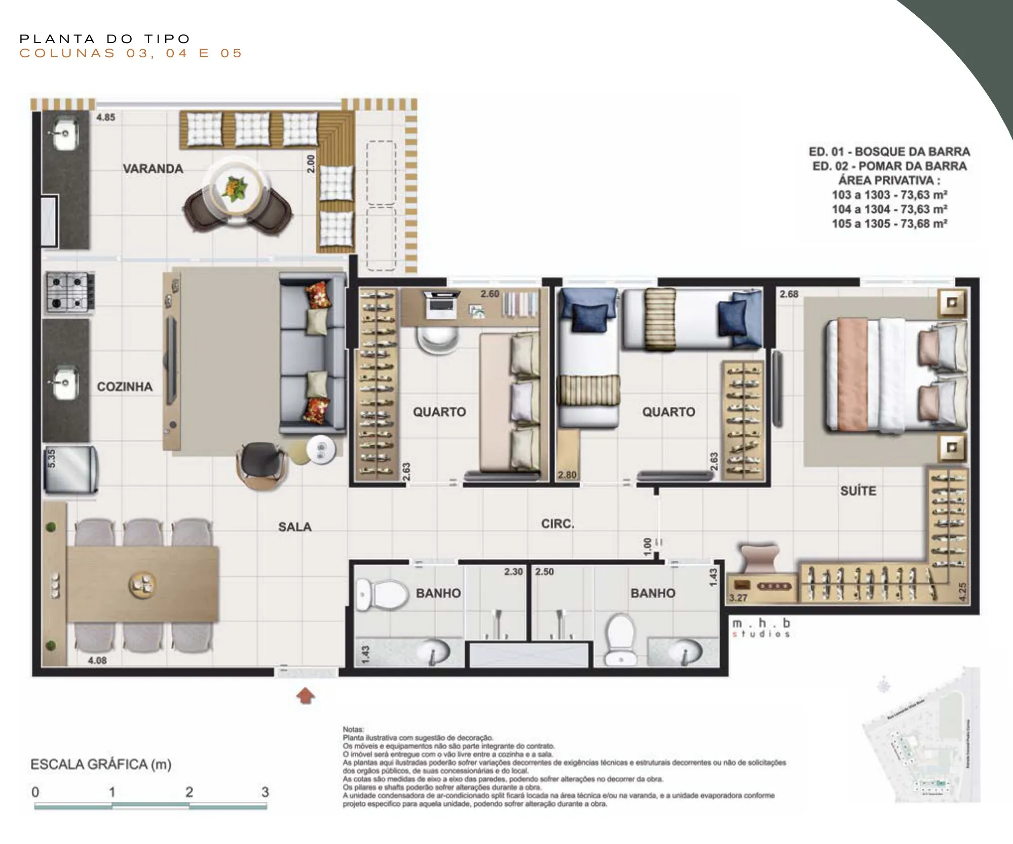 Planta humanizada: 3 quartos de 74 m² do Jardim da Barra