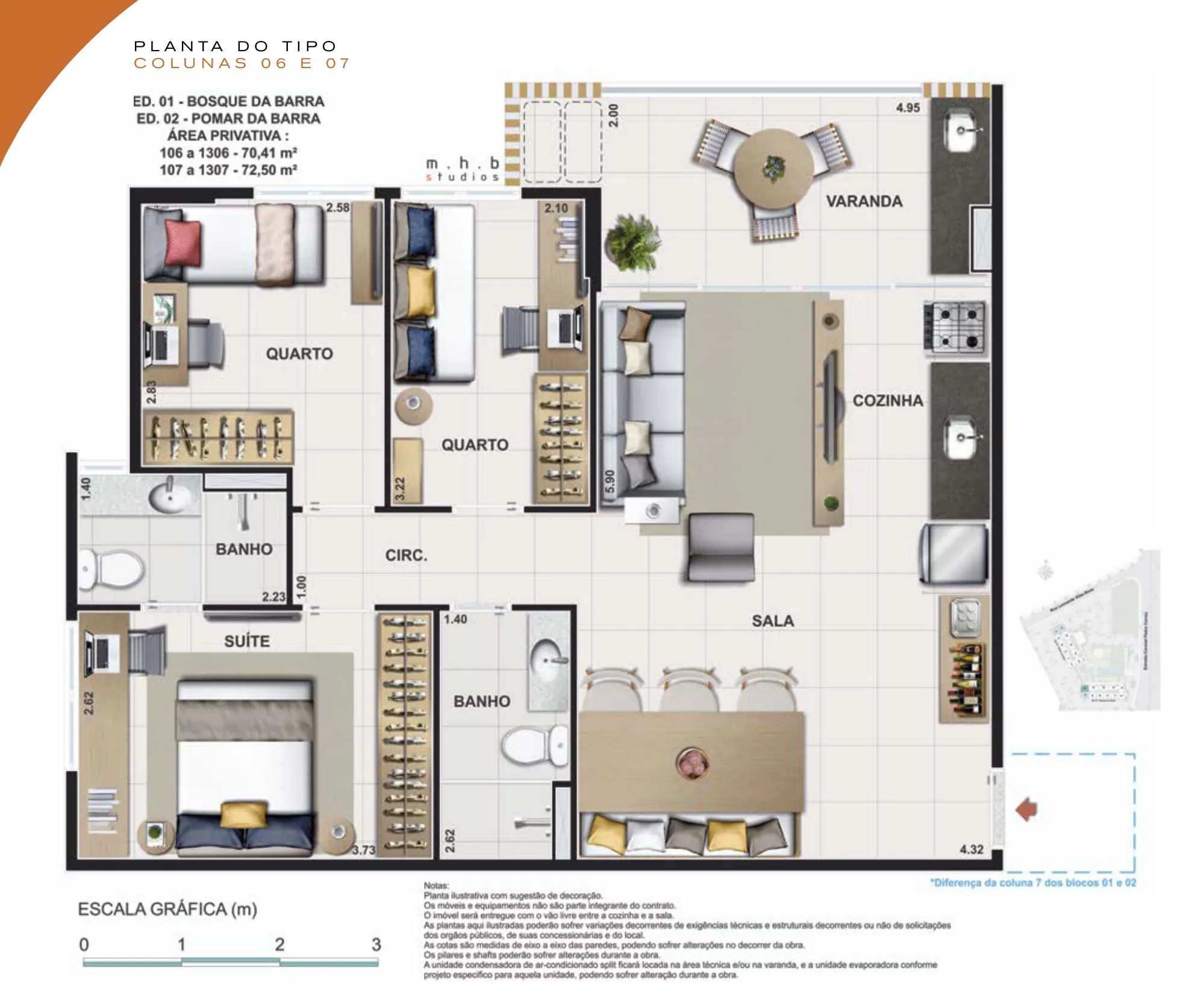 Planta humanizada: 3 quartos de 70 a 73 m² do Jardim da Barra