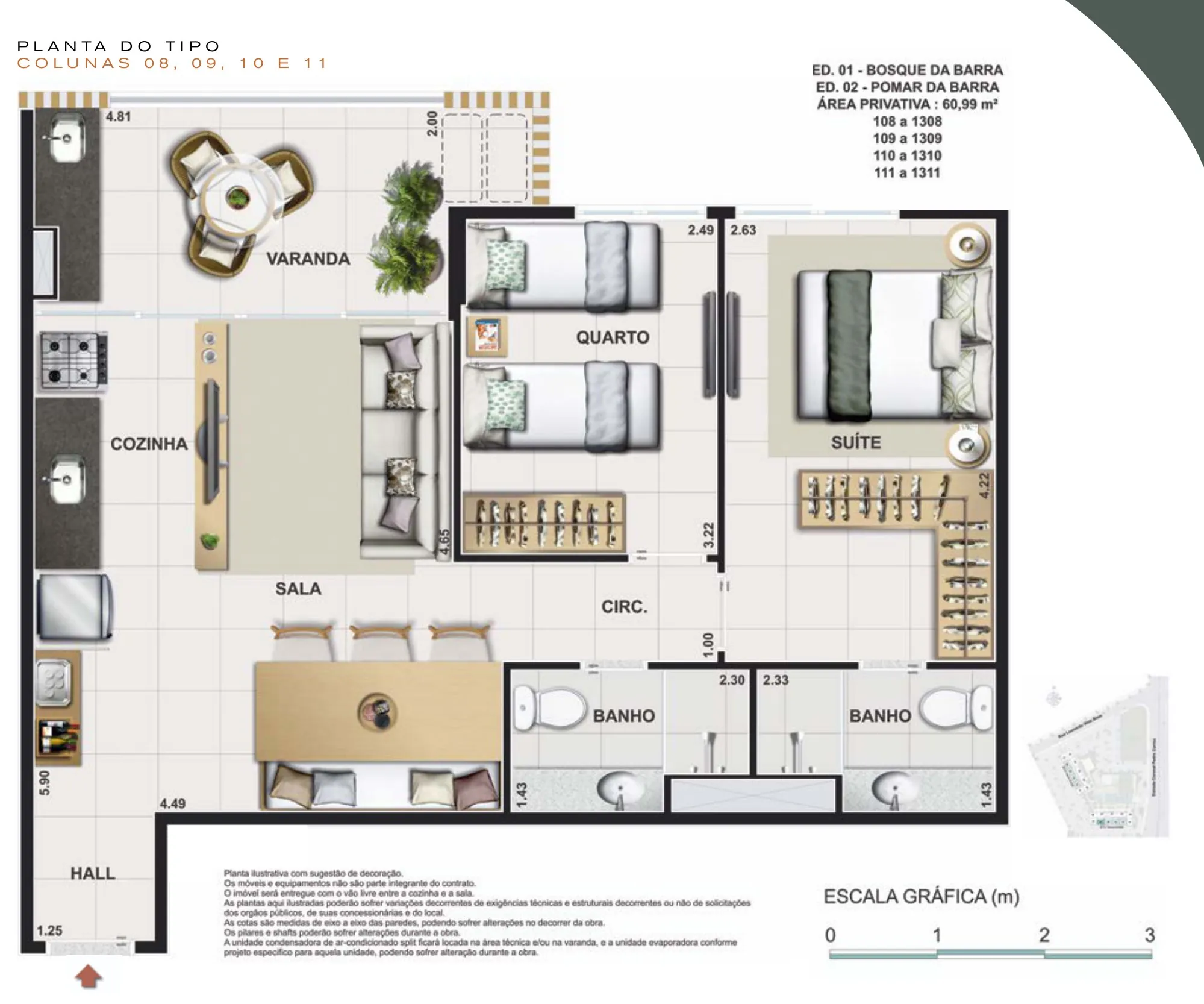Planta humanizada: 2 quartos de 61 m² do Jardim da Barra