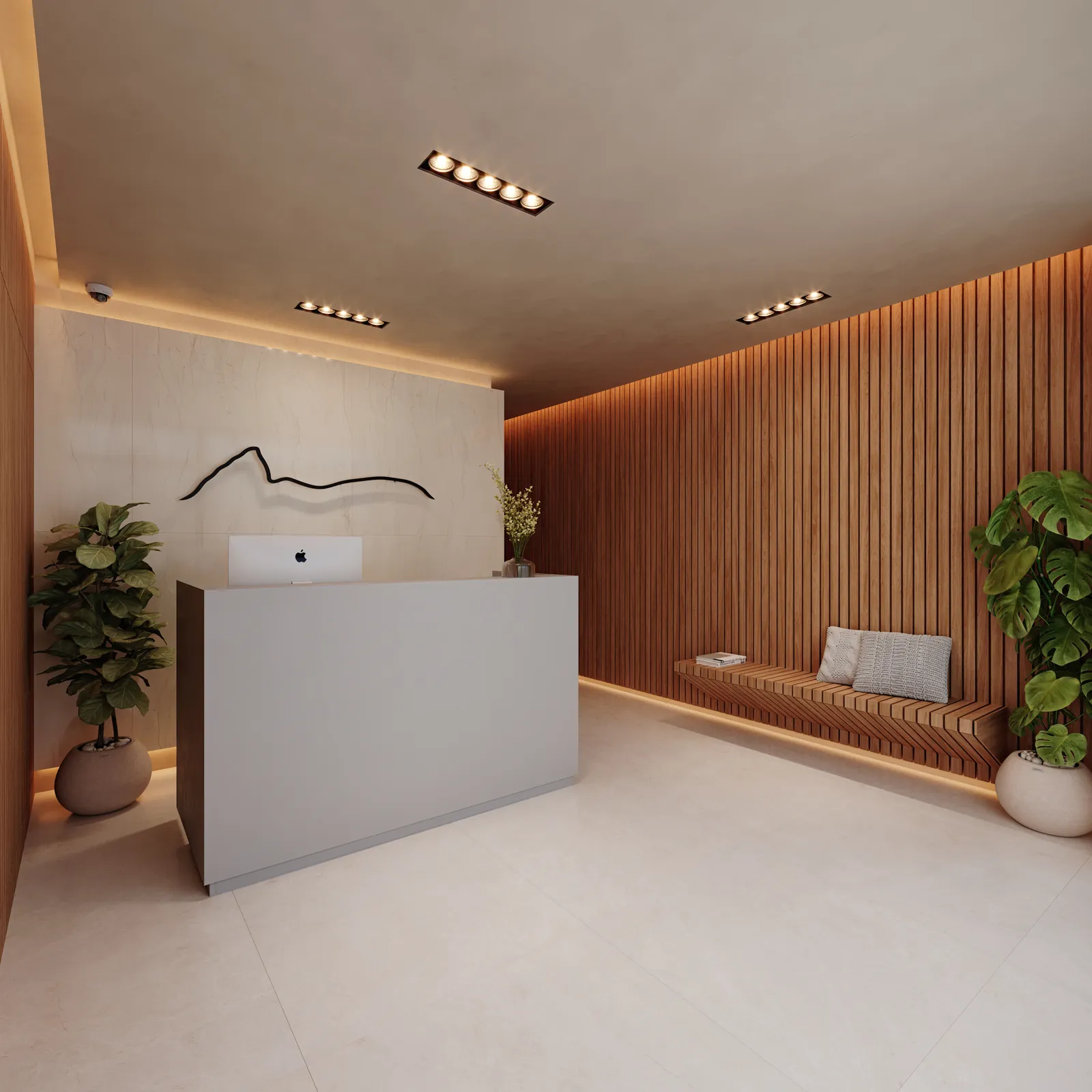 Lobby com balcão branco, banco e painel de madeira