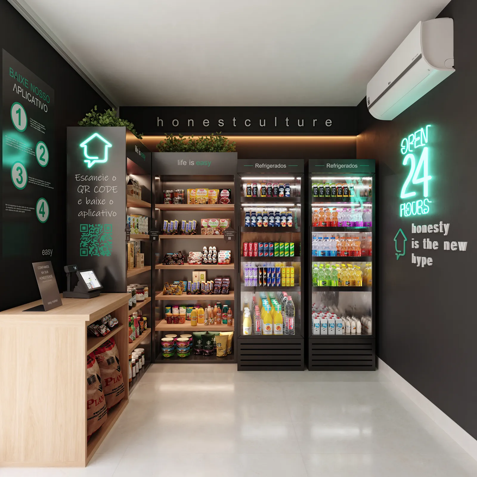 Mini market com geladeiras e prateleiras