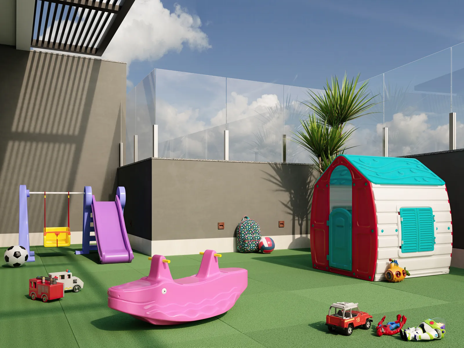 Solário infantil com casinha, escorregador e gangorra