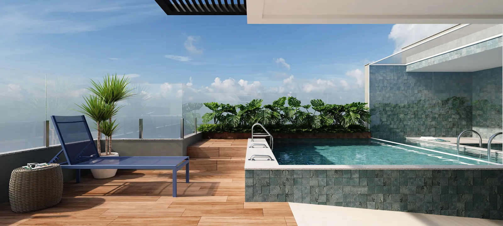 A piscina do rooftop com deck, espreguiçadeira e plantas