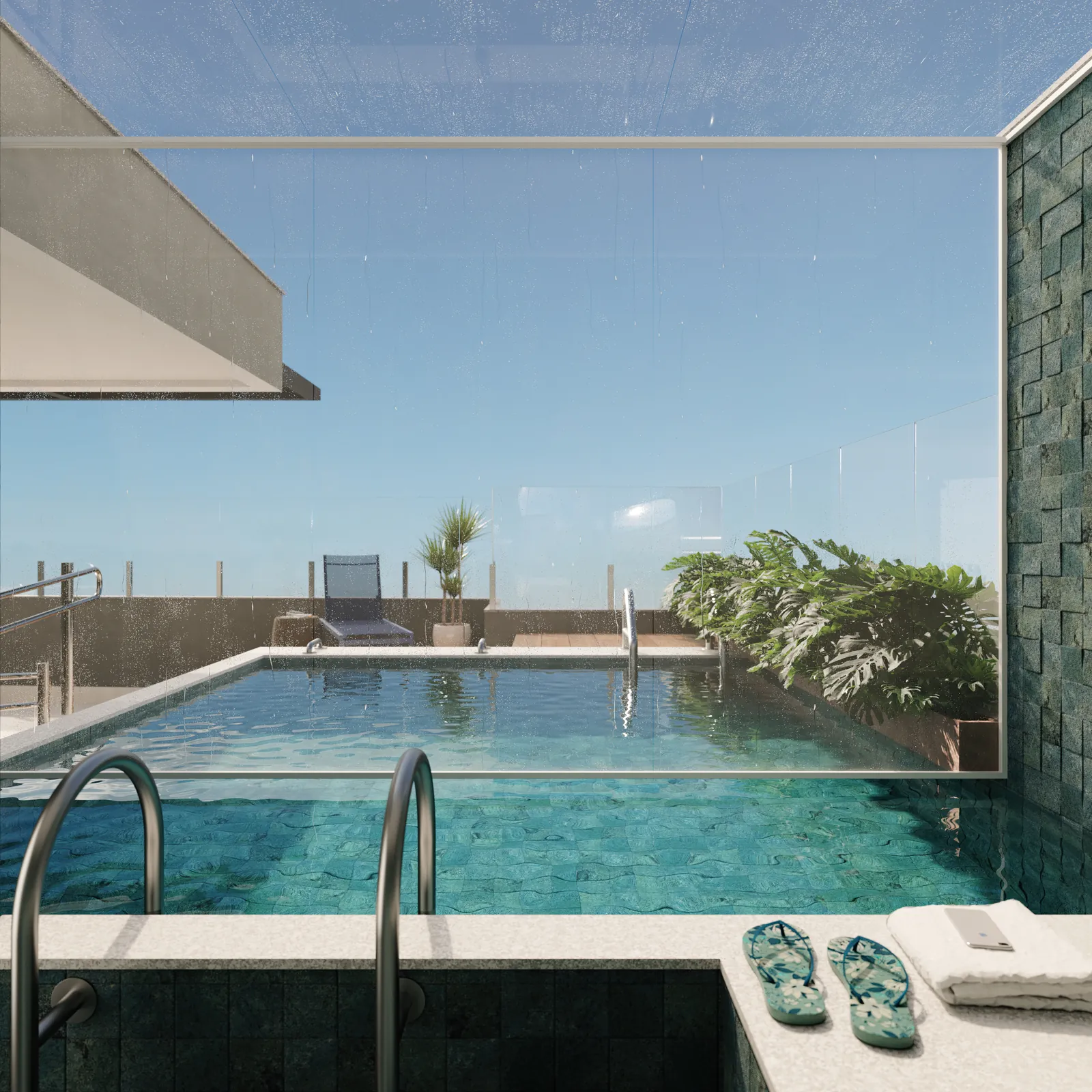 Sauna com porta de vidro aberta para a piscina