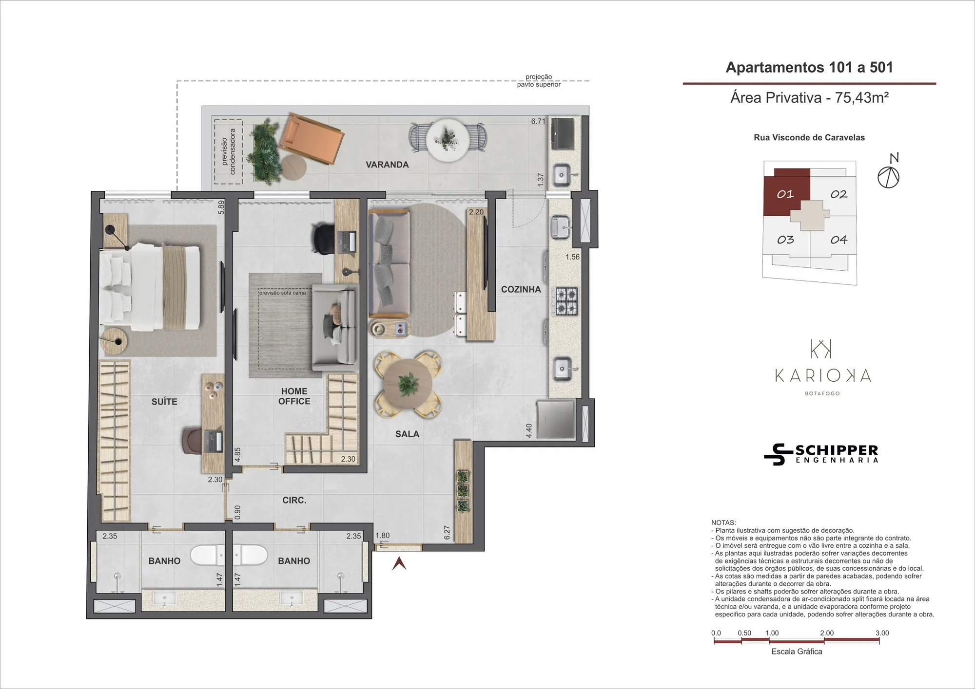 Planta humanizada: 2 quartos de 75 m² do Karioka