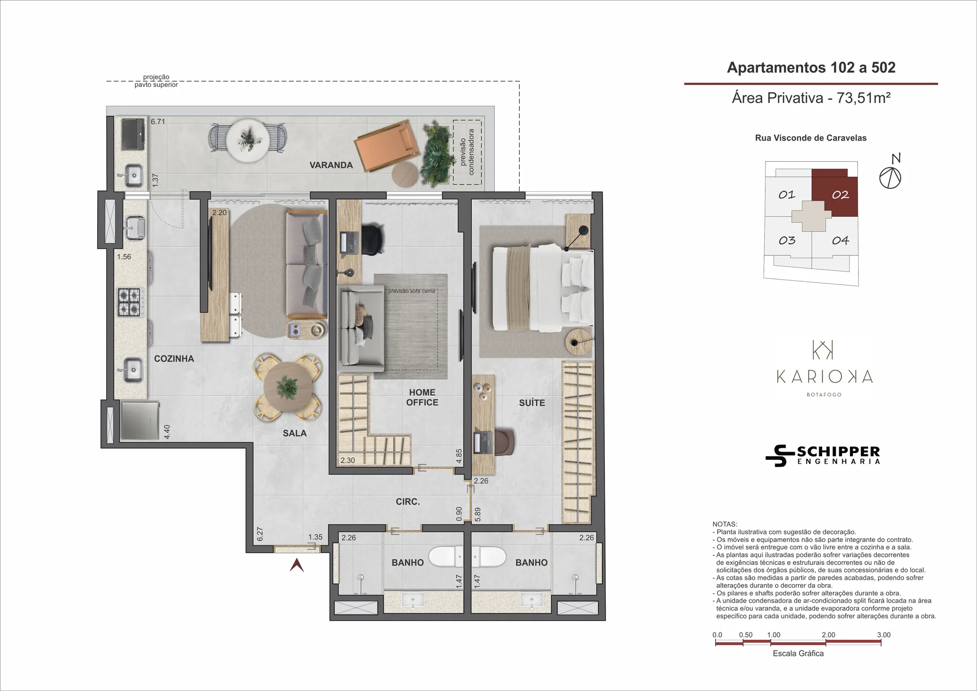 Planta humanizada: 2 quartos de 73 m² do Karioka