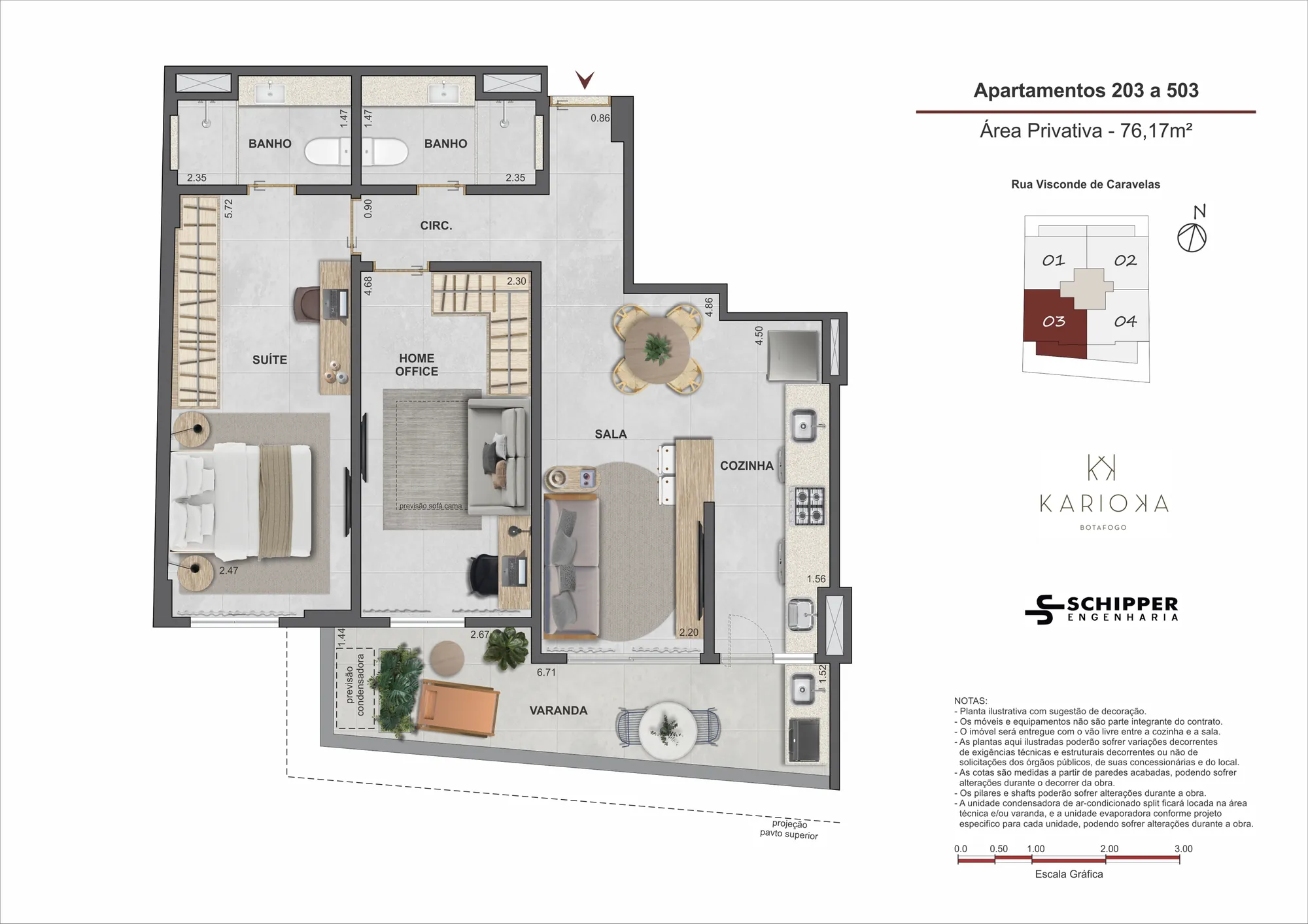 Planta humanizada: 2 quartos de 76 m² do Karioka
