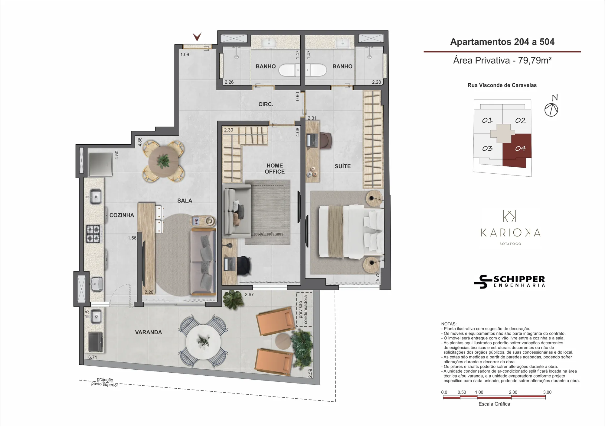 Planta humanizada: 2 quartos de 80 m² do Karioka