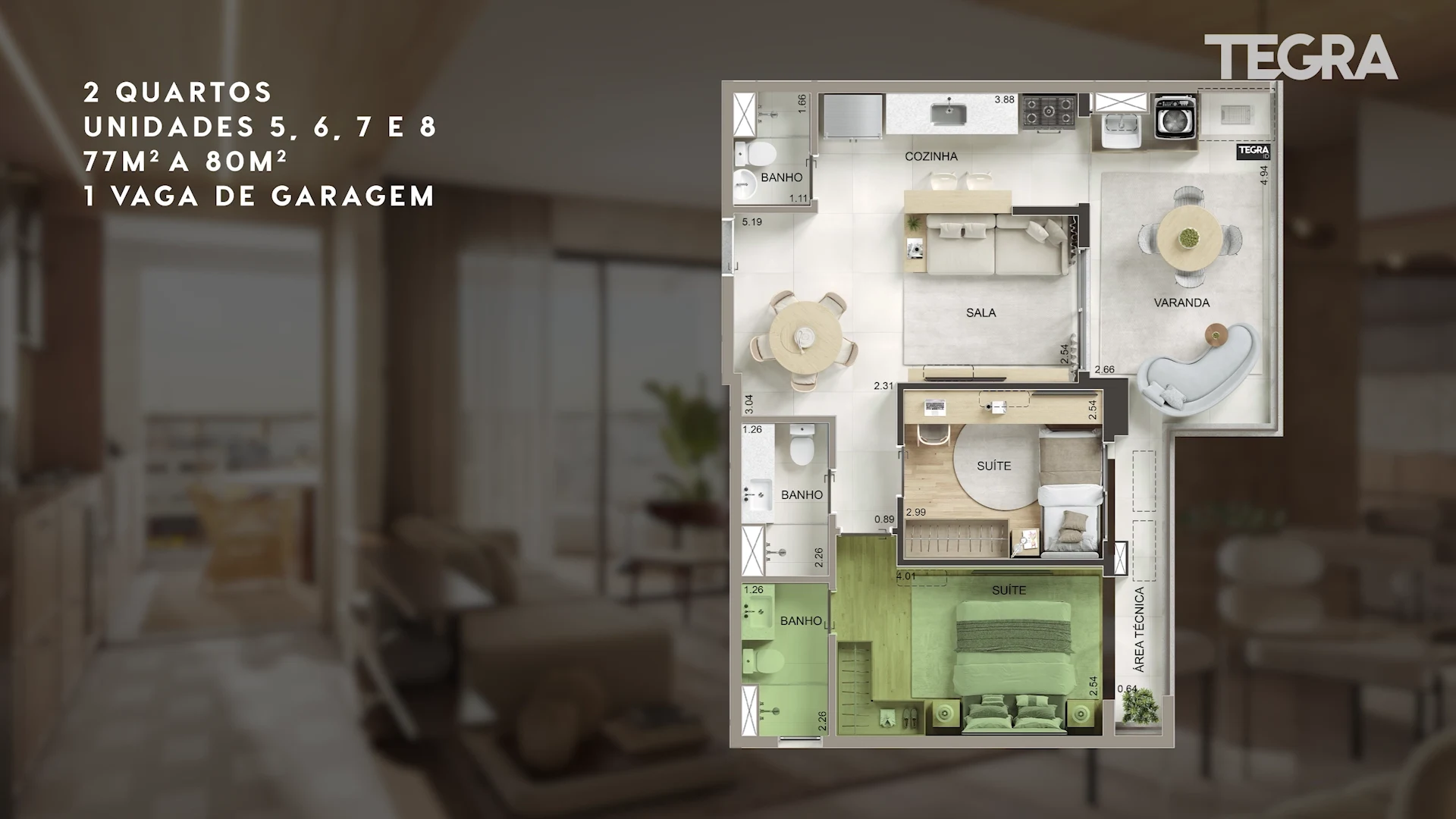 Planta do 2 quartos do Kronos, 77 a 80 m²