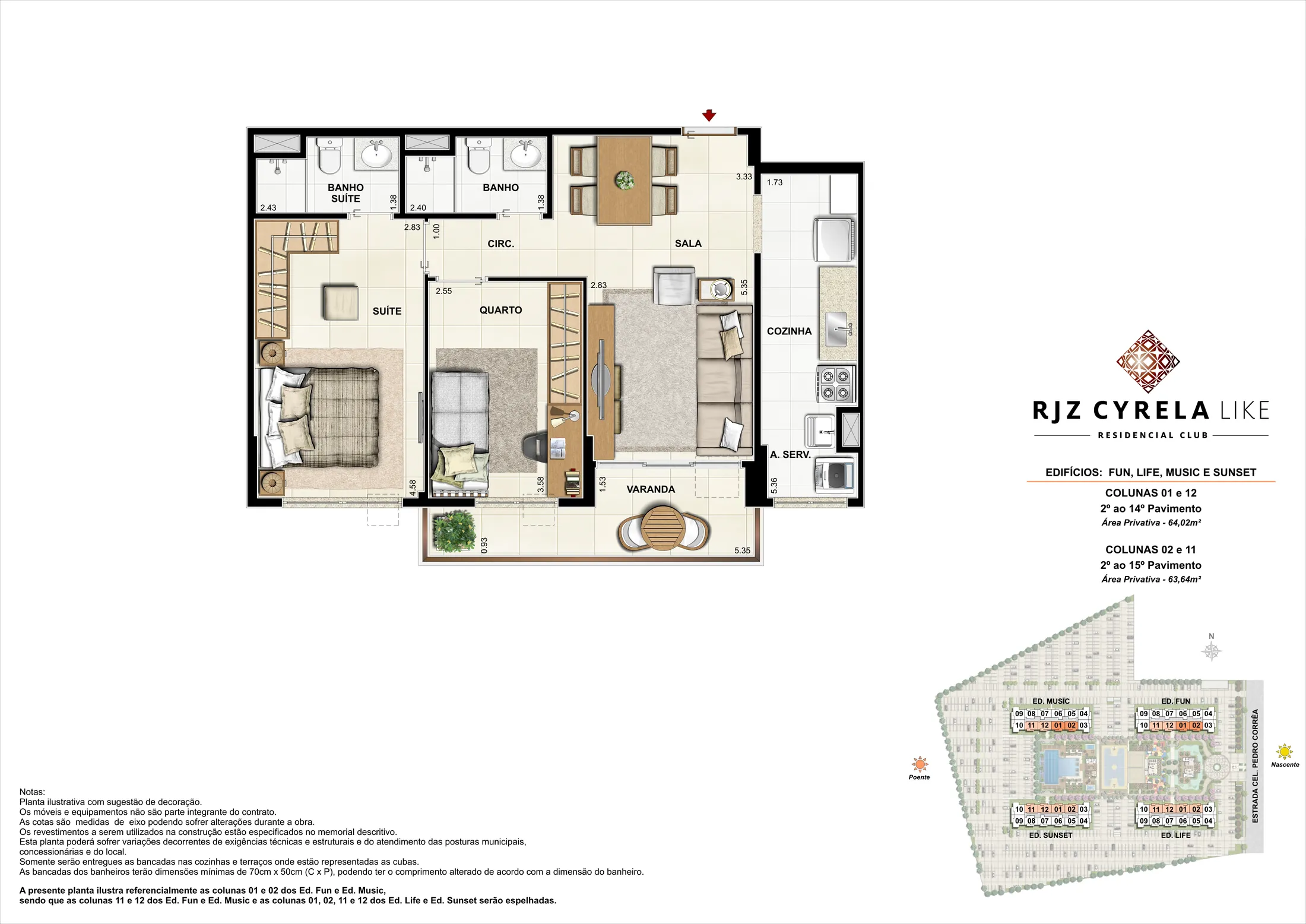 Planta humanizada: 2 quartos de 64 m² do Like