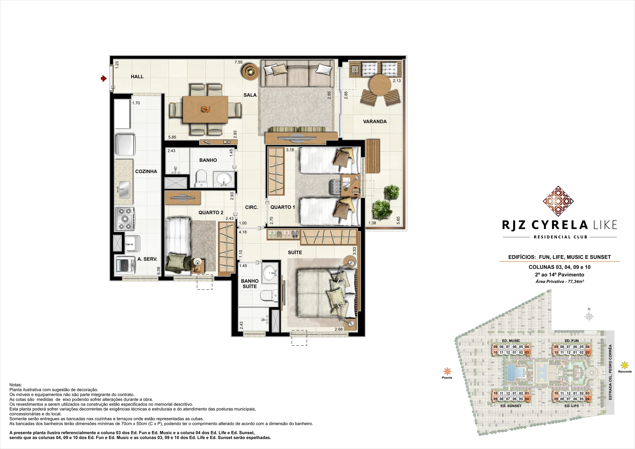 Planta humanizada: 3 quartos de 77 m² do Like