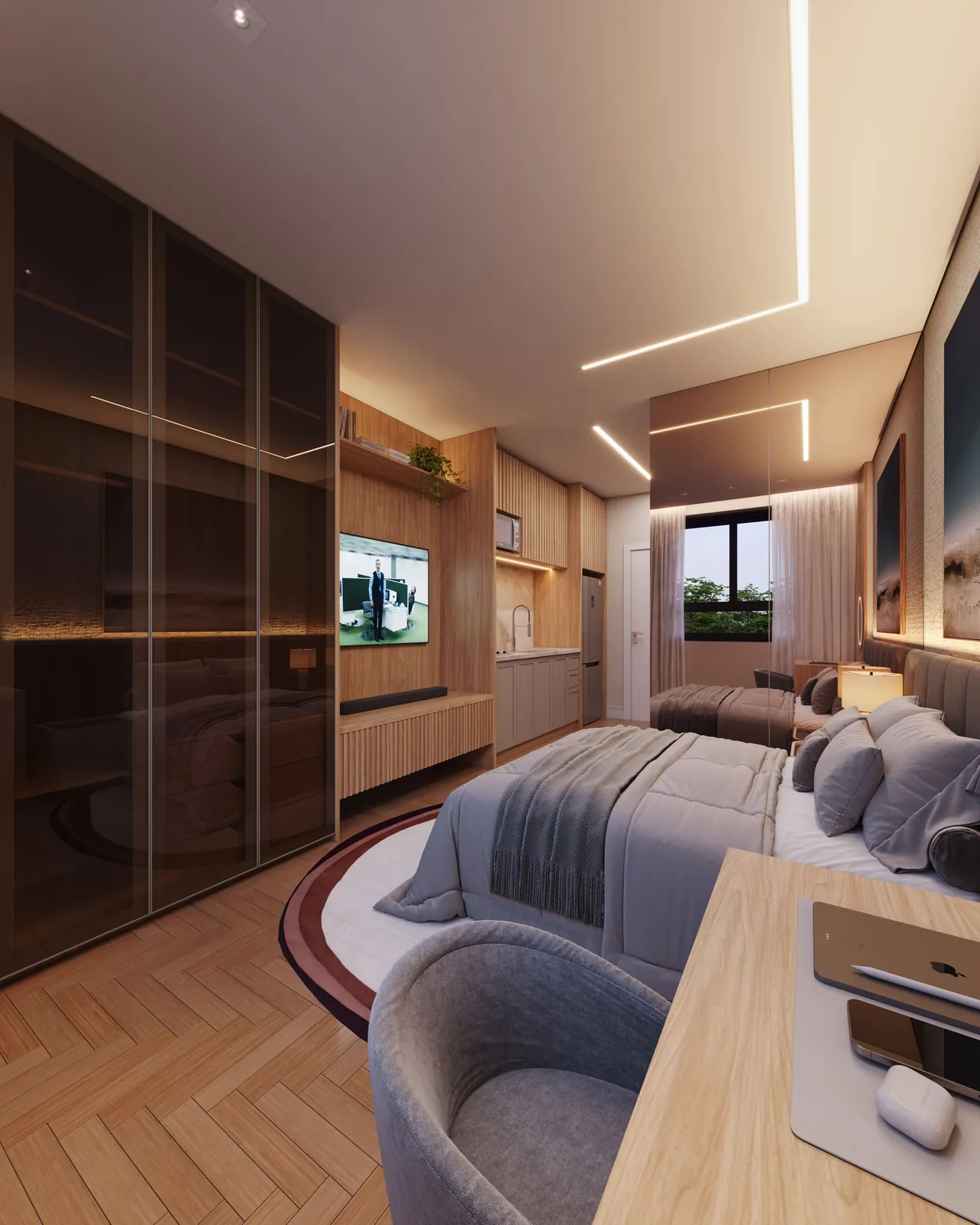 Studio com cama de casal, poltrona e painel de madeira