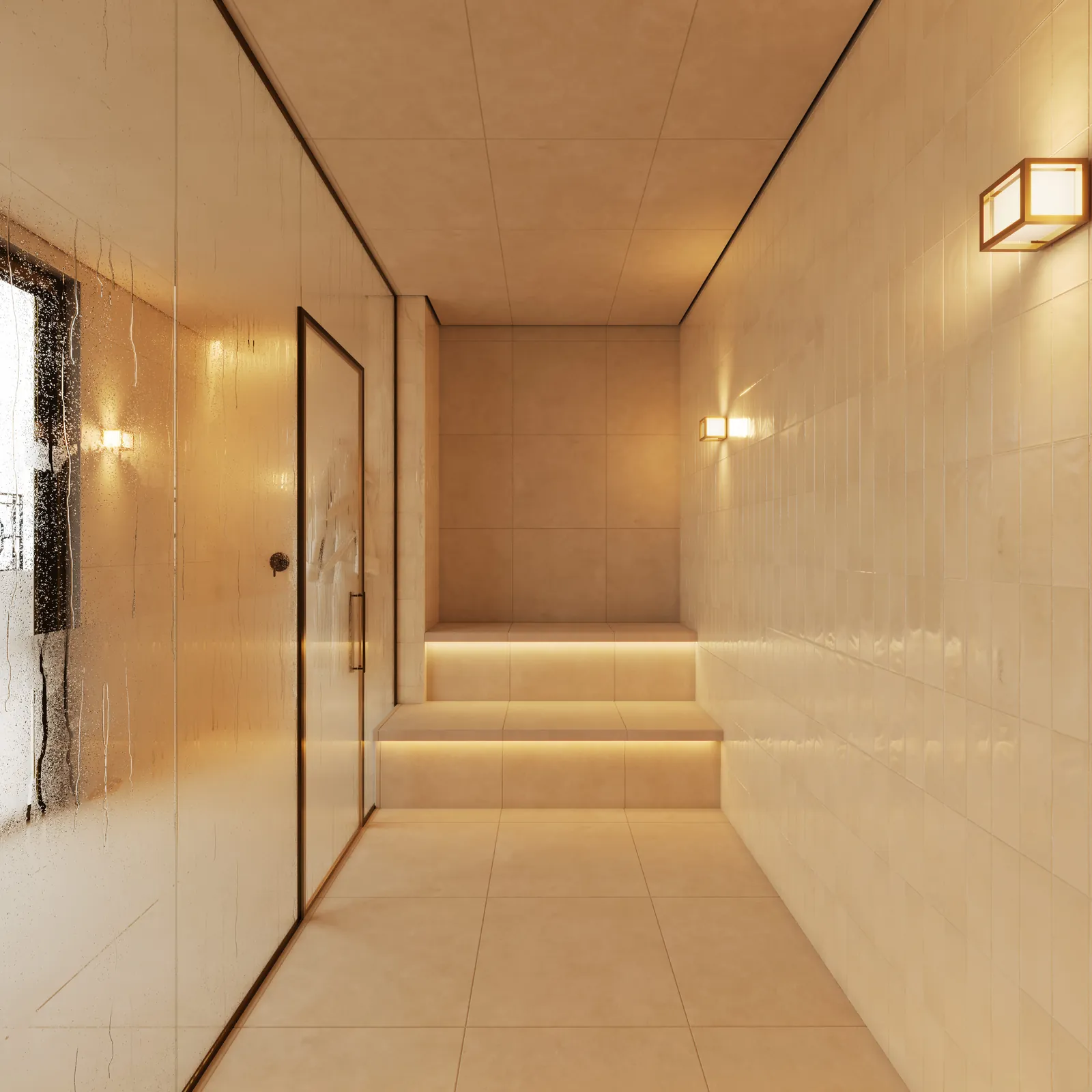 Sauna revestida de pedra clara com iluminação suave