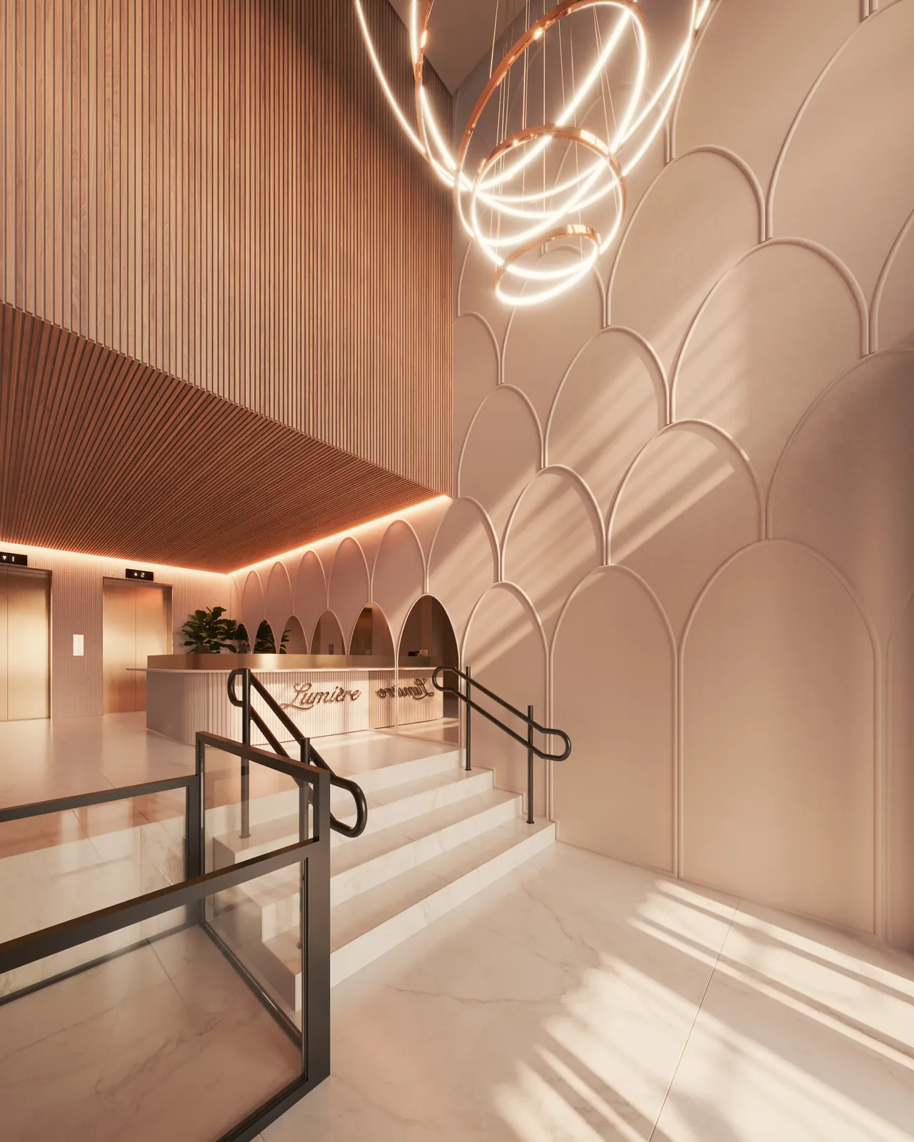 Hall de entrada com escada, arcos e luminária em espiral