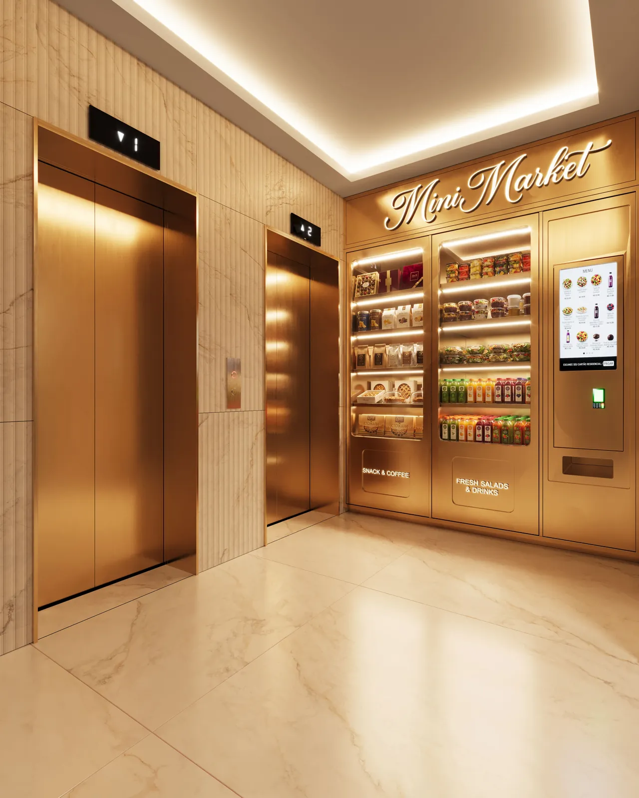 Mini market junto aos elevadores, com geladeiras e prateleiras