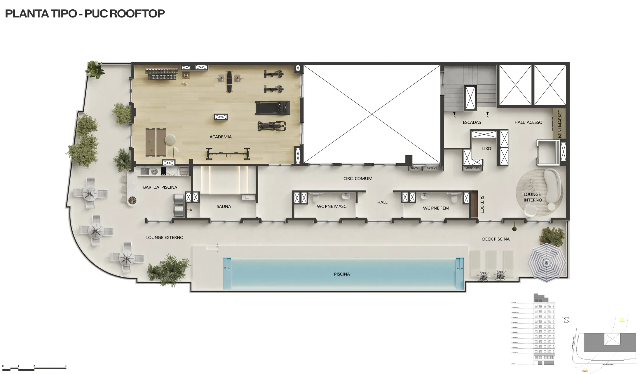 Planta do rooftop do Lumière, com a piscina, o bar e os lounges
