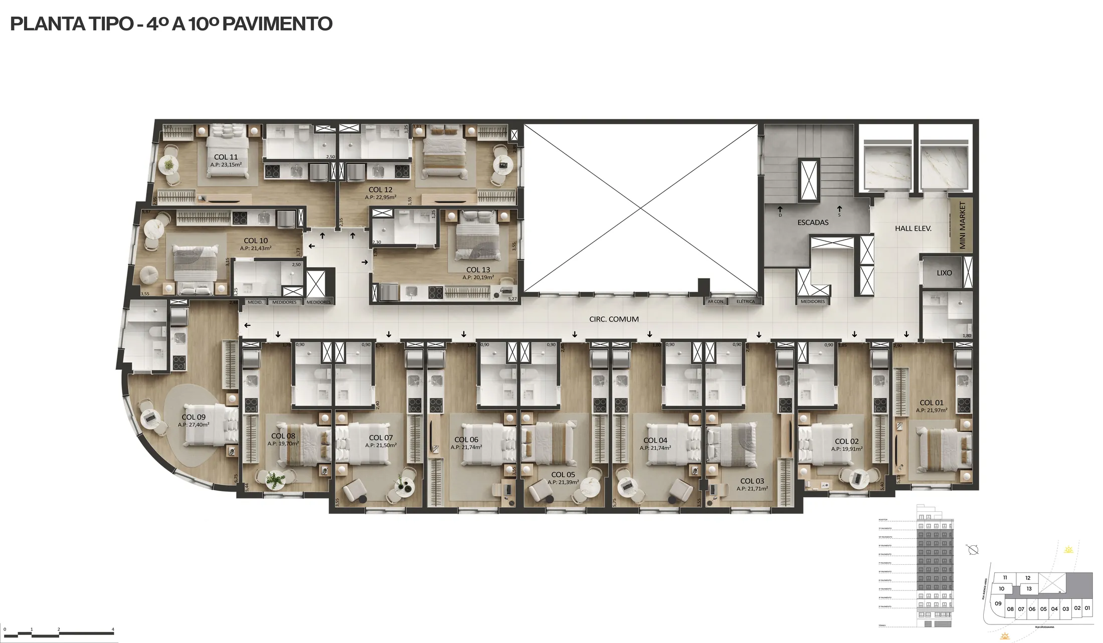 Planta do 4º ao 10º andar do Lumière, com os studios em volta do corredor