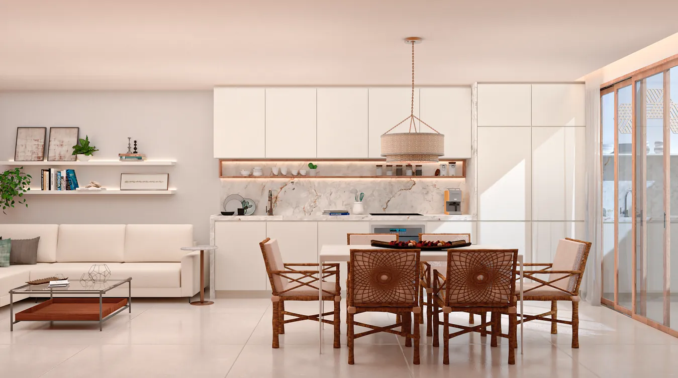 Double studio com sala, jantar e estantes