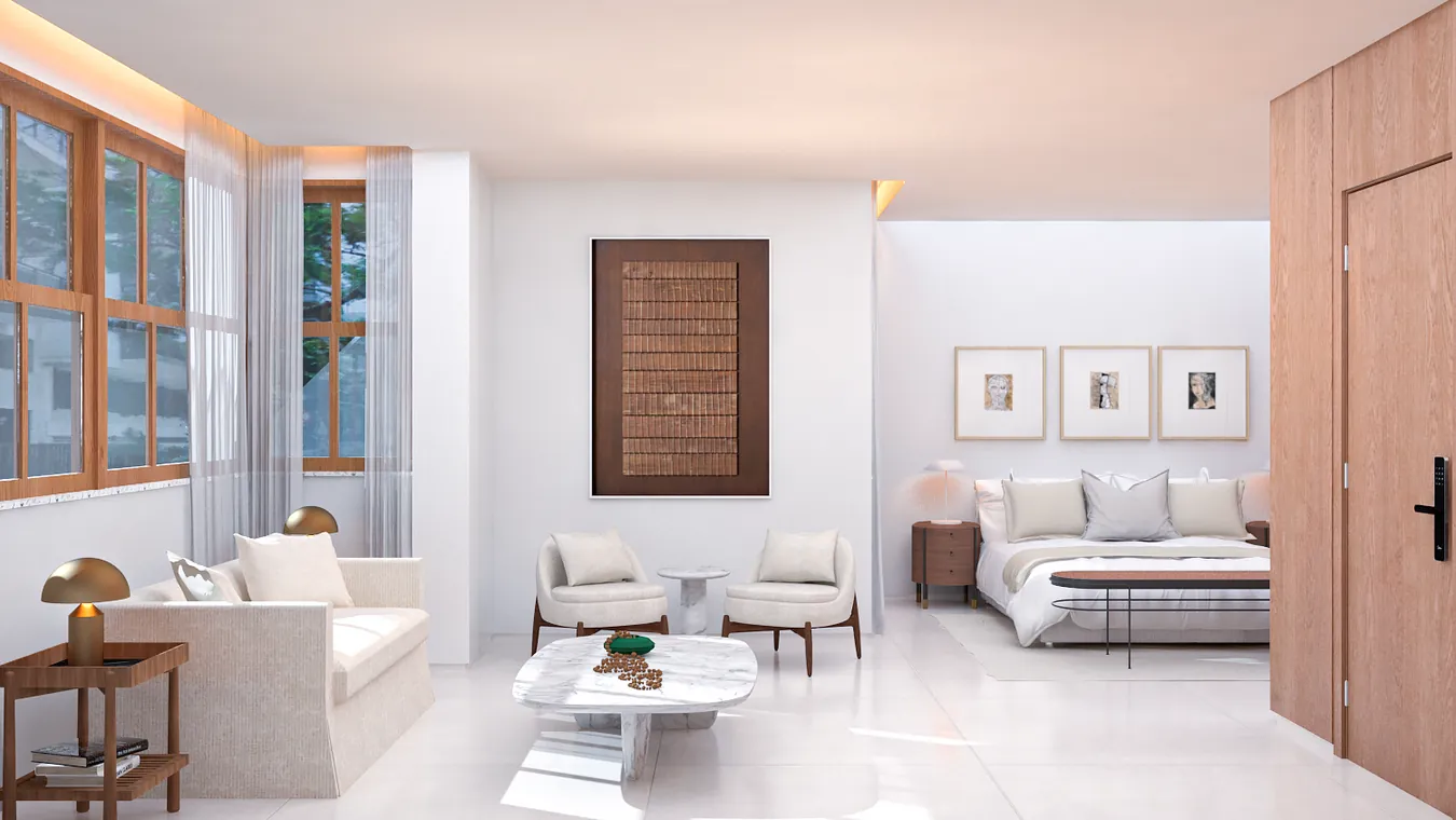 Sala com sofá e mesa de jantar, com janela de madeira