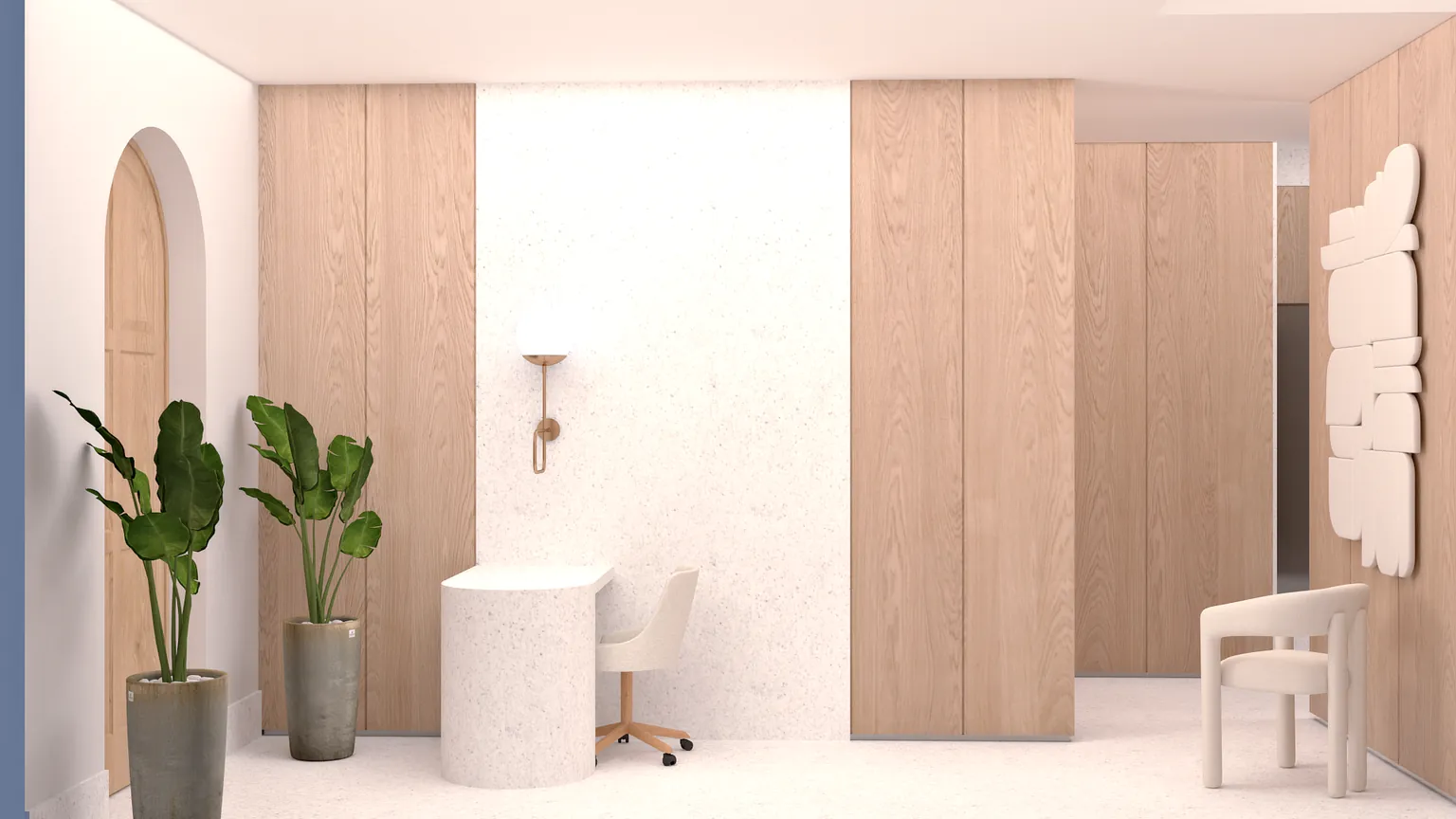 Hall de entrada com porta em arco e plantas