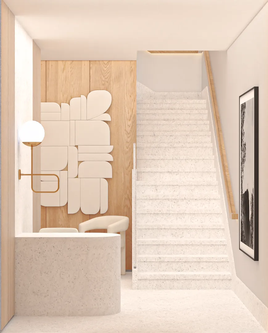 Hall de entrada do Mira 173 com escada, painel de madeira e arte
