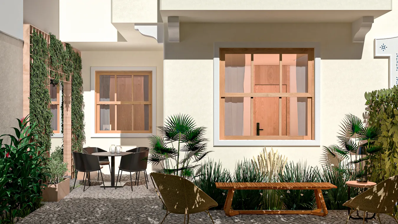 Área externa de um garden, com mesa, cadeiras, jardim e as janelas de madeira da casa