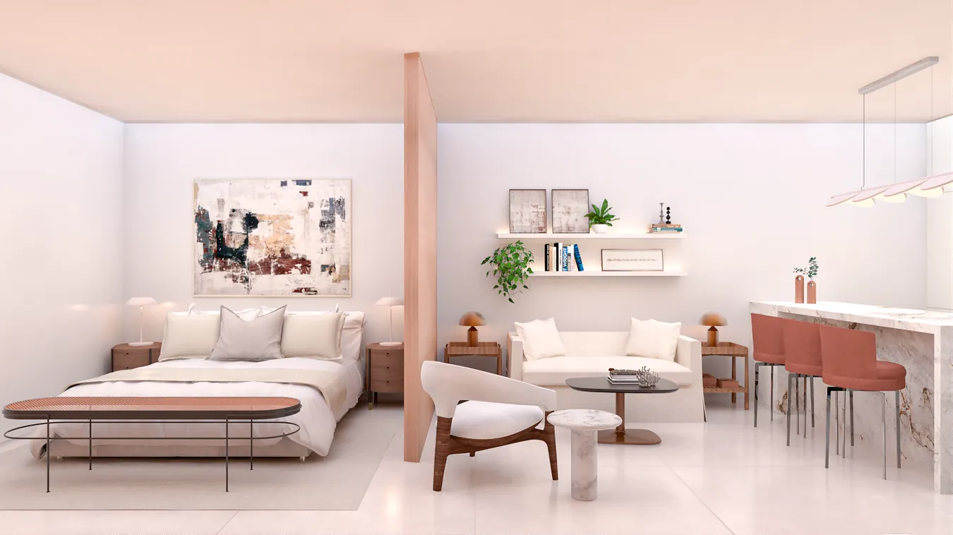 Studio com cama, estar e bancada