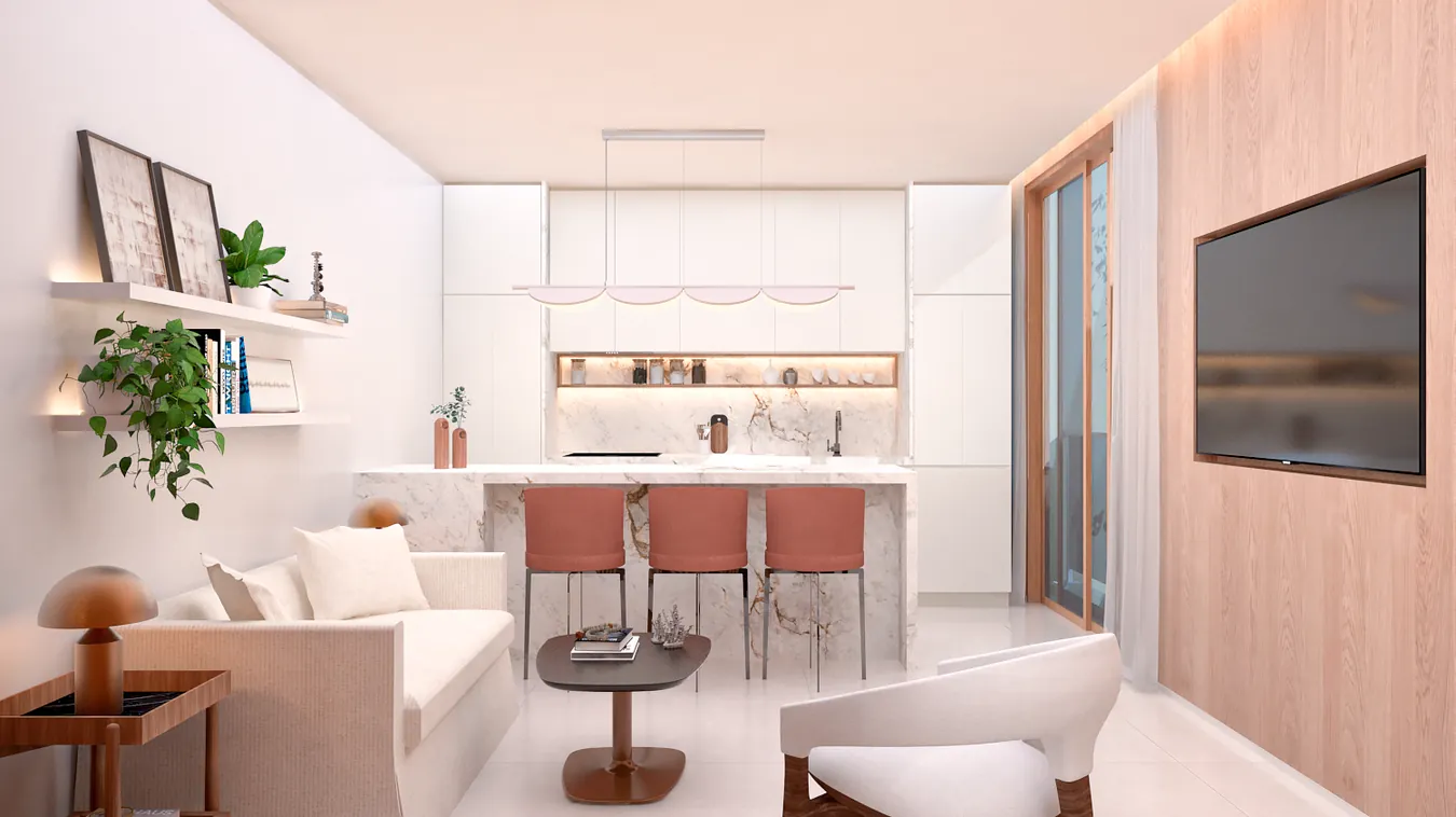 Studio com cama, sofá e bancada, em tons claros e madeira