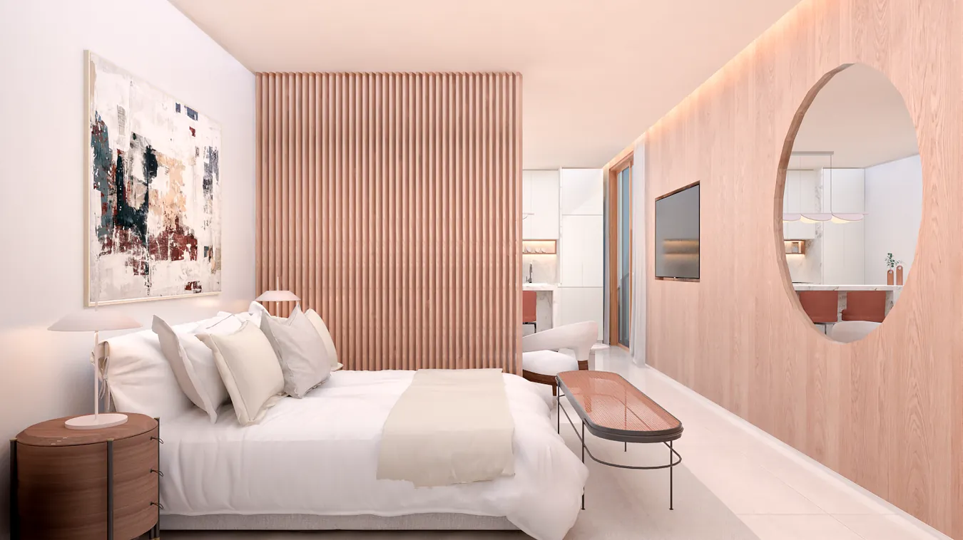 Quarto com painel de madeira ripada e espelho redondo