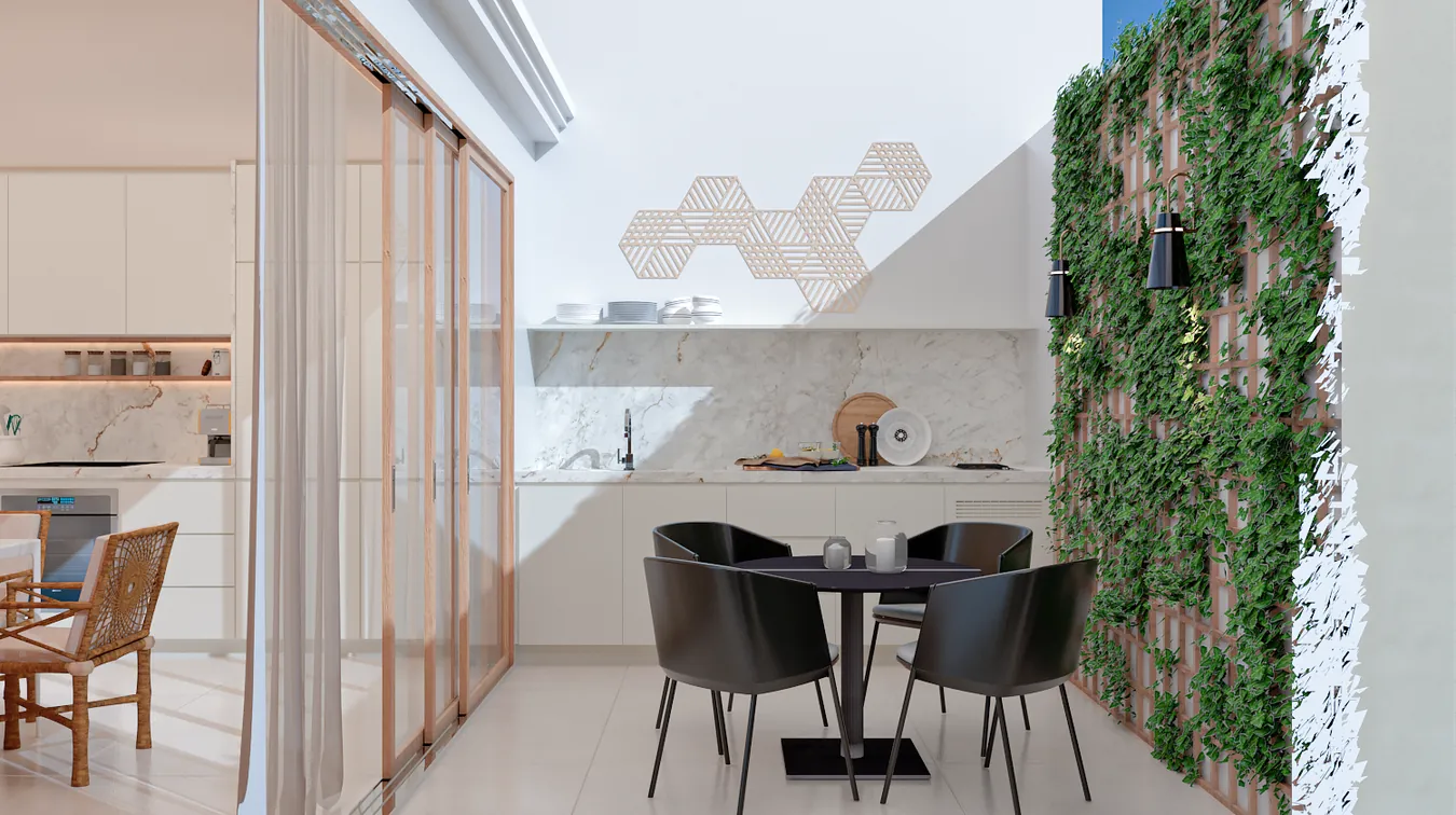 Terraço da cobertura com mesa e muro verde