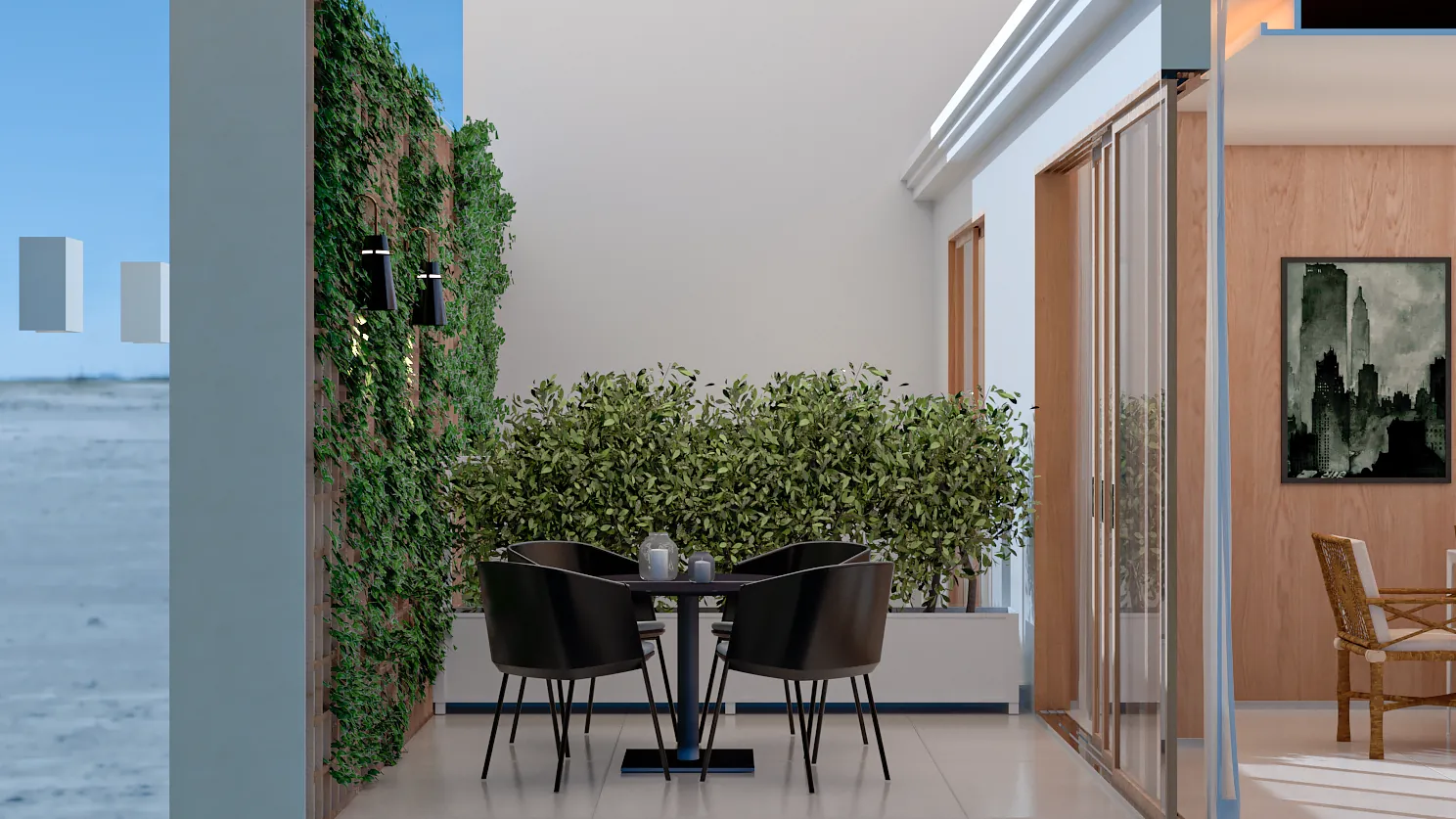 Área externa com muro verde e mesa