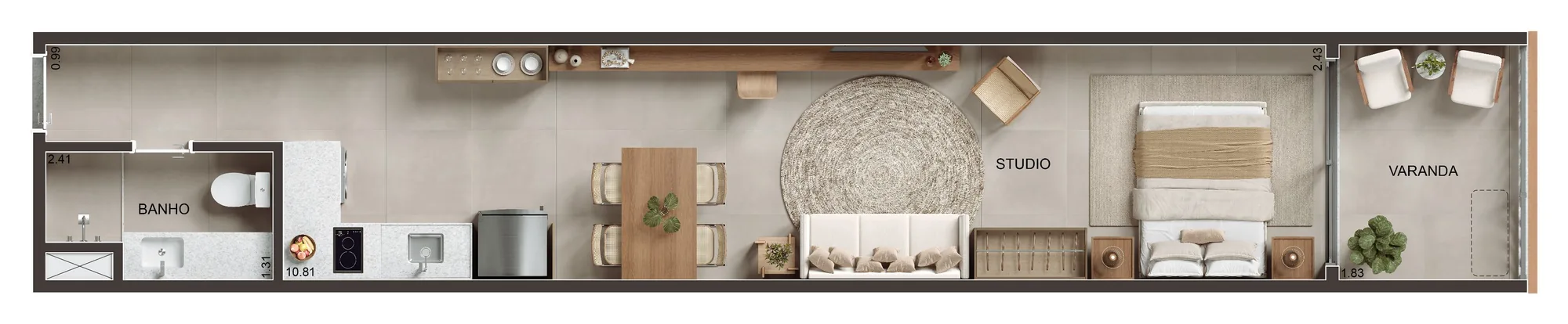 Planta humanizada: studios finais 02 e 03 do MO.dO Santa Clara, 40,53 e 40,65 m²