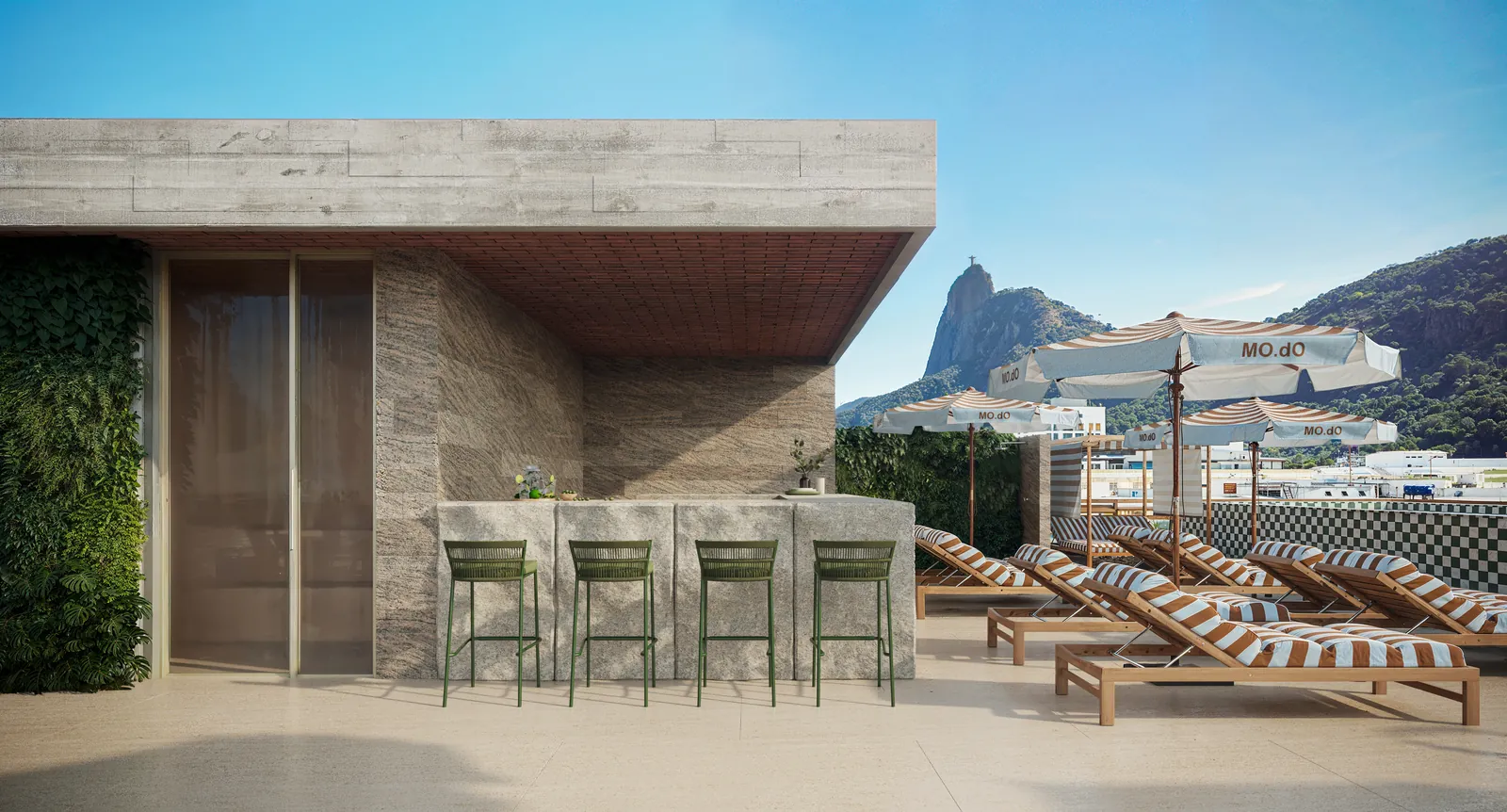 Bangalô do rooftop com sofás e vista dos morros