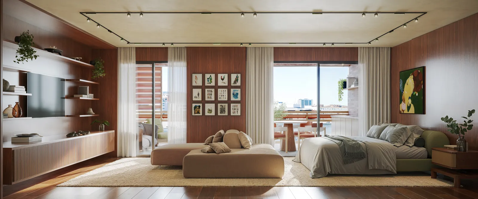 Studio amplo com cama, sofá e janelas para a rua