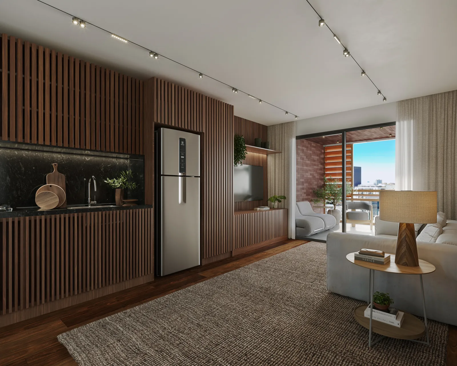 Studio com cama de casal, painel de madeira e janela