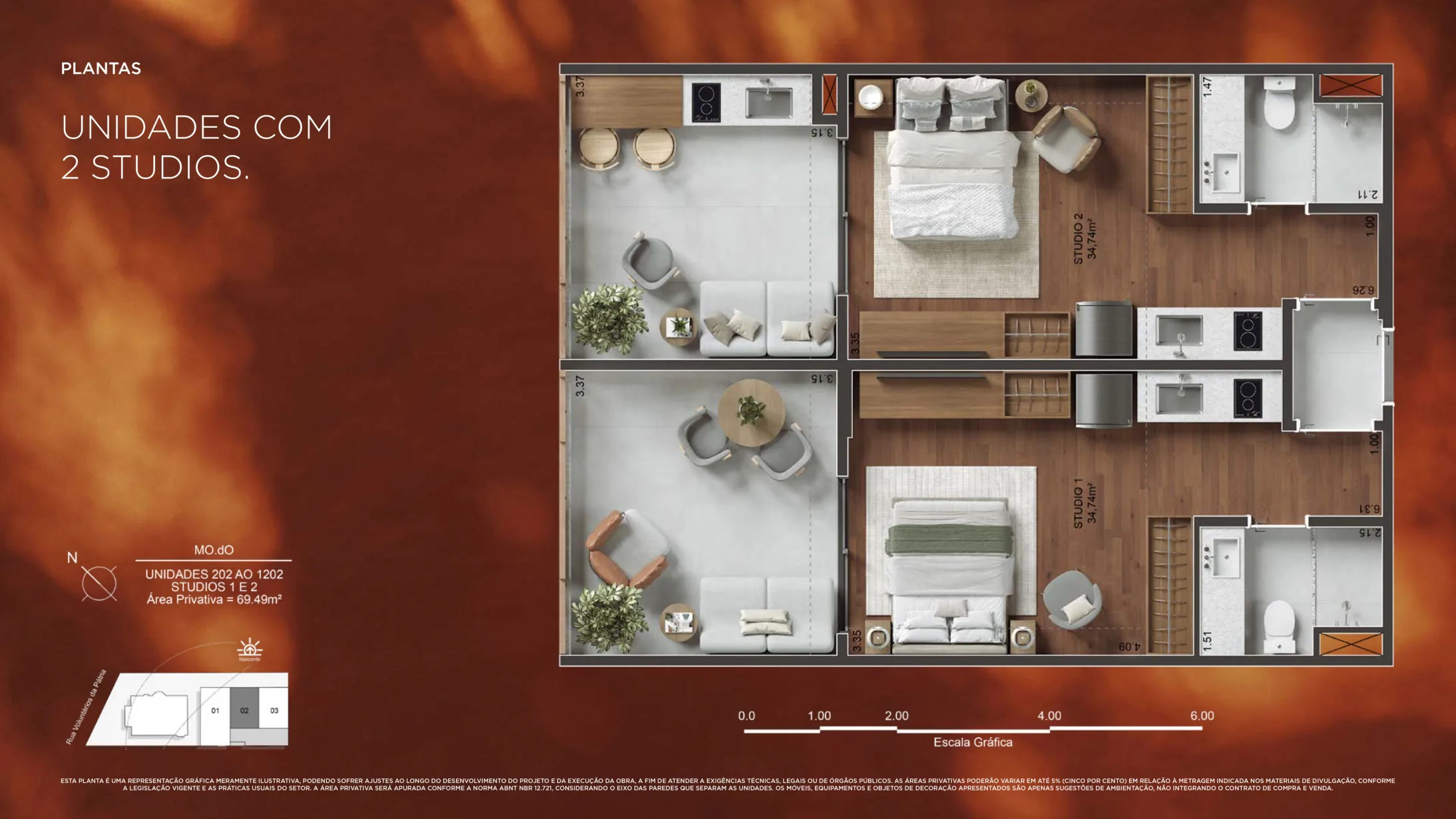 Planta humanizada: unidade com 2 studios do MO.dO, Coluna 02 · 69,49 m²