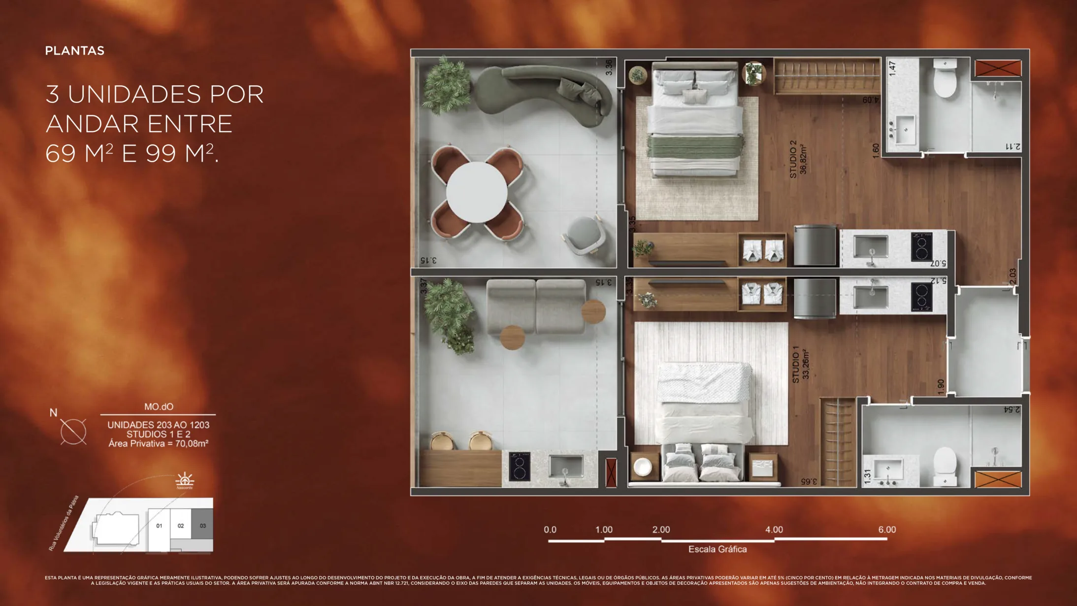 Planta humanizada: unidade com 2 studios do MO.dO, Coluna 03 · 70,08 m²