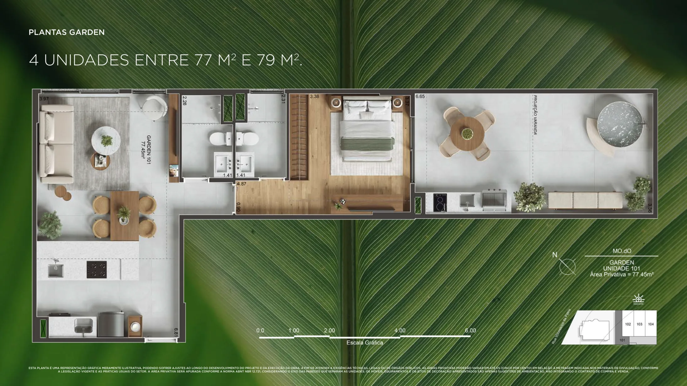 Planta humanizada: garden sala e suíte do MO.dO, Unidade 101 · 77,45 m²
