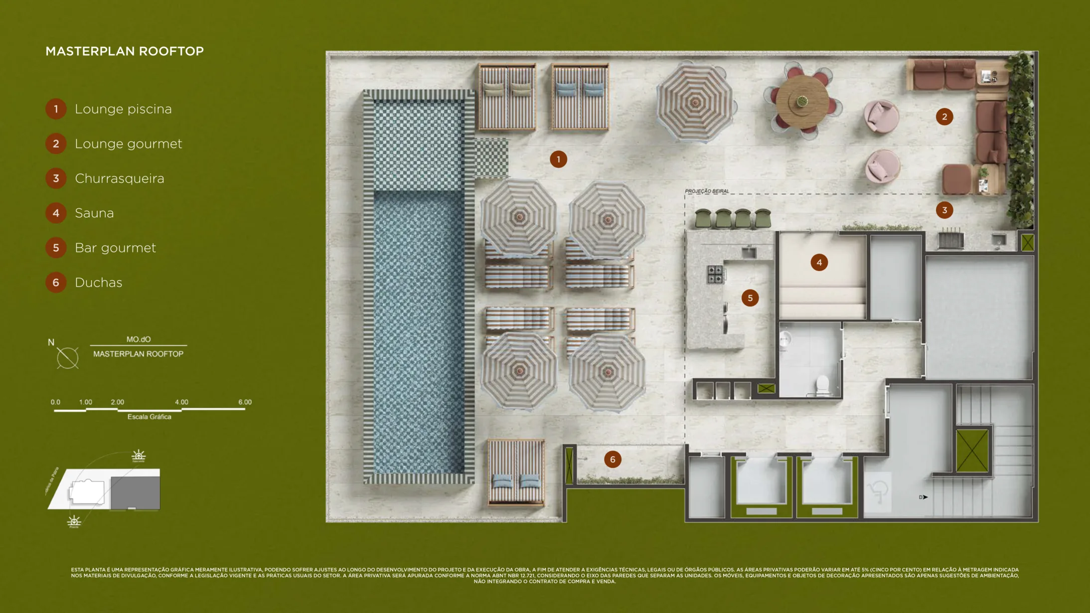 Planta do rooftop do MO.dO, com piscina, bar, churrasqueira e sauna