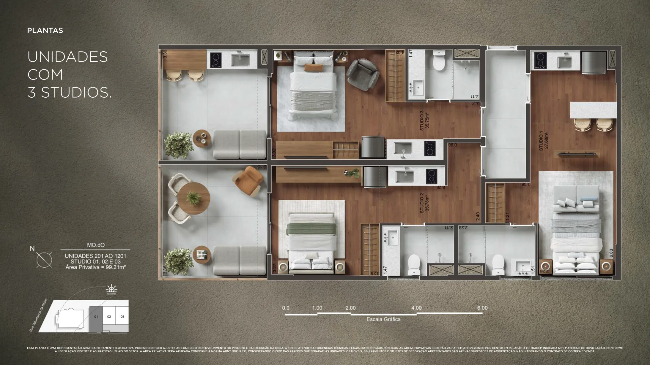 Planta humanizada: unidade com 3 studios do MO.dO, Coluna 01 · 99,21 m²