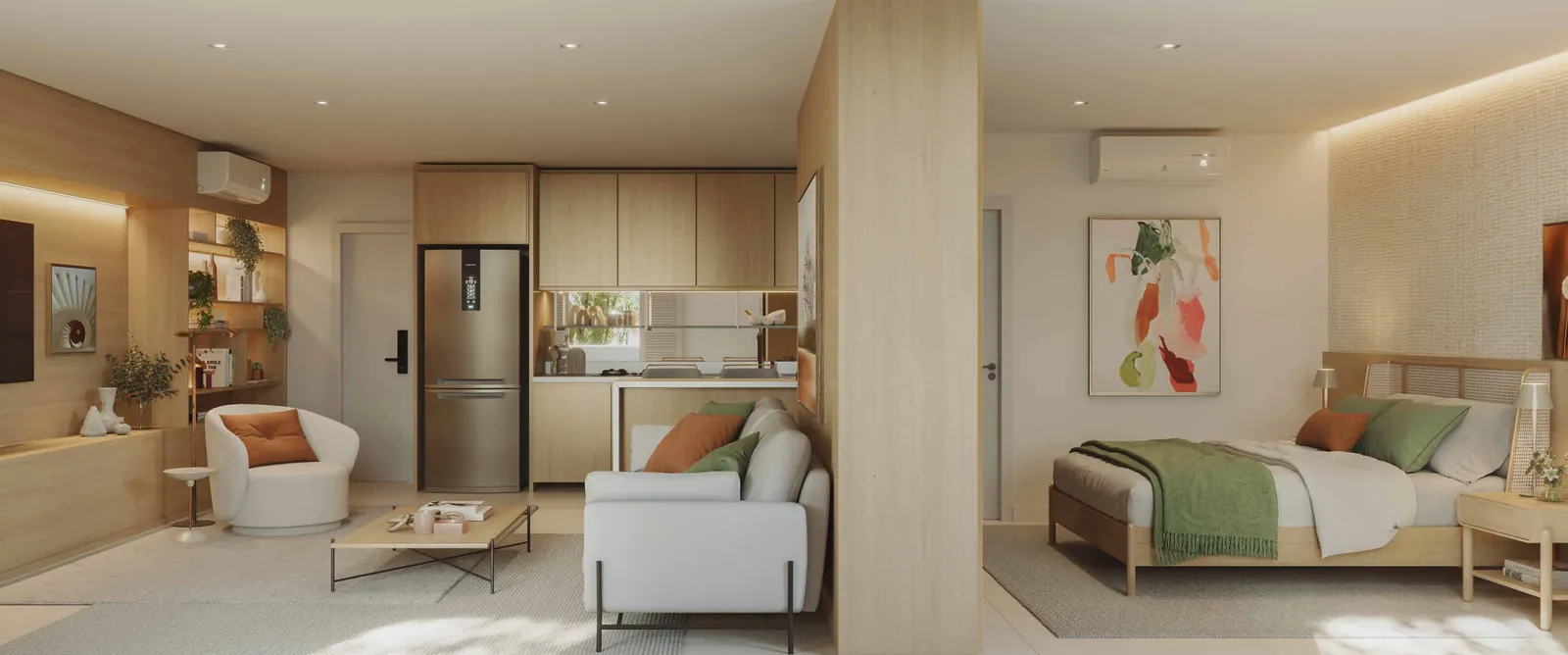 O studio 201 do Oba Urca, com sala, cozinha e cama no mesmo ambiente