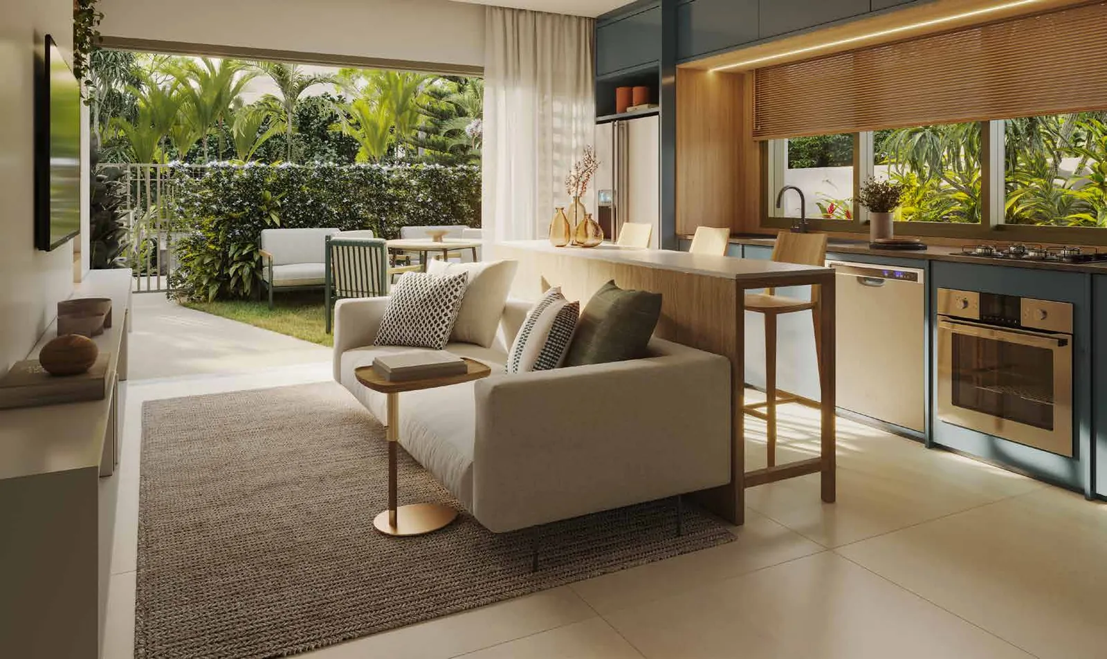 O studio garden 102 do Oba Urca, com sala integrada ao jardim