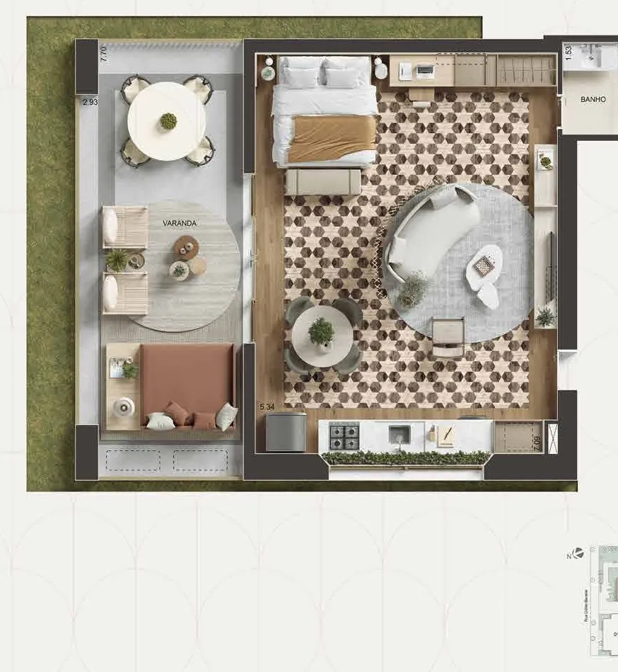 Planta humanizada: studio varandas de 76 m² do Oba