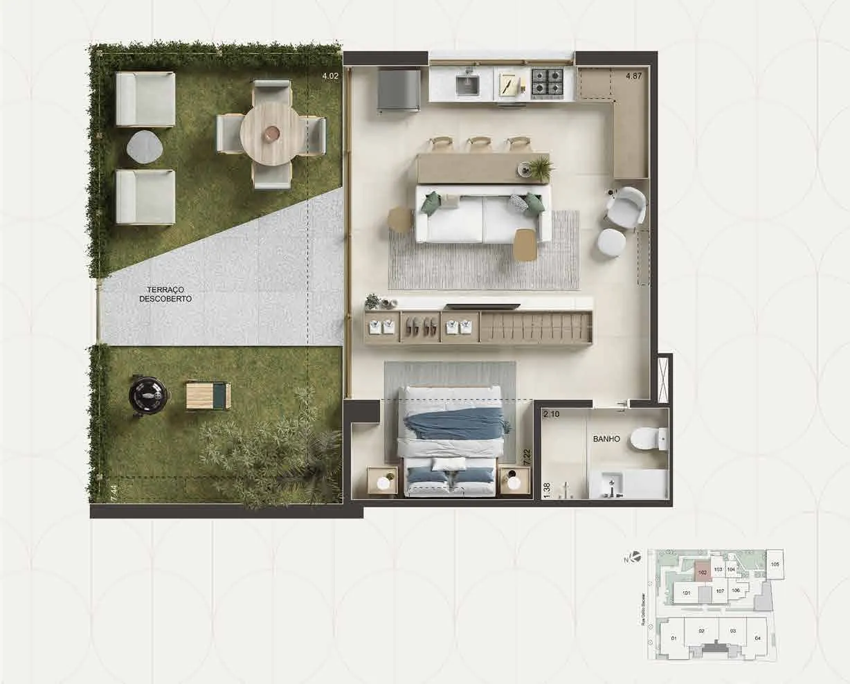 Planta humanizada: studio garden de 71 m² do Oba