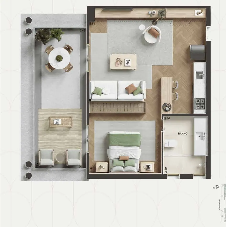 Planta humanizada: studio varandas de 75 m² do Oba