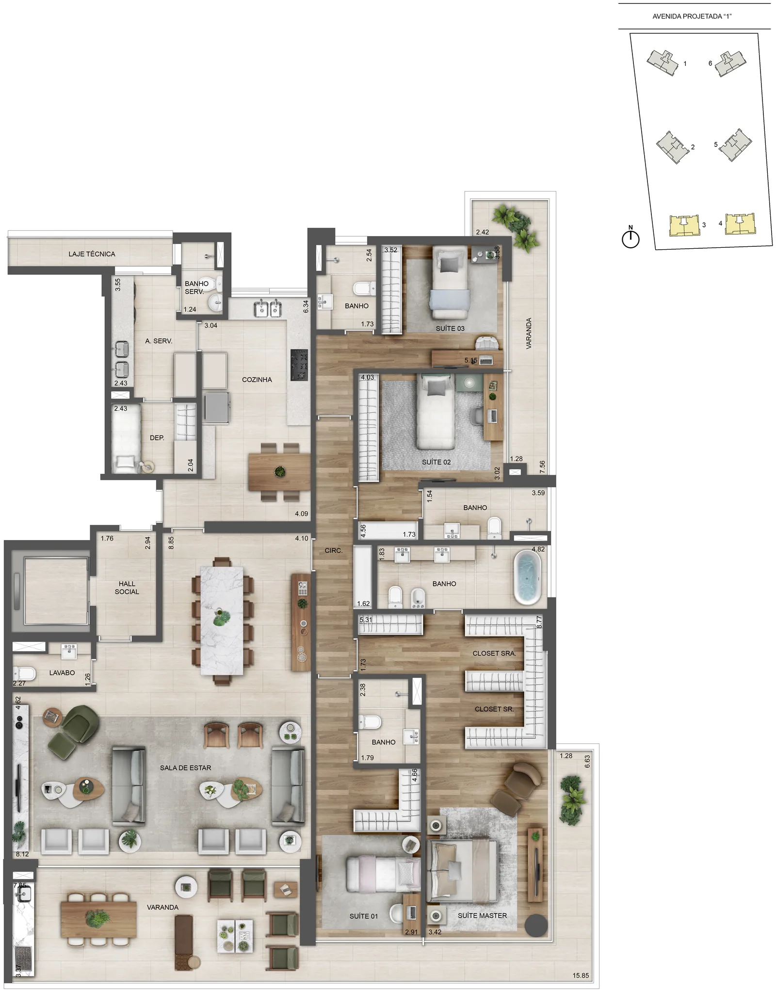 Planta: 4 suítes · Oceana 3.000 e 4.000, 268,44 m²