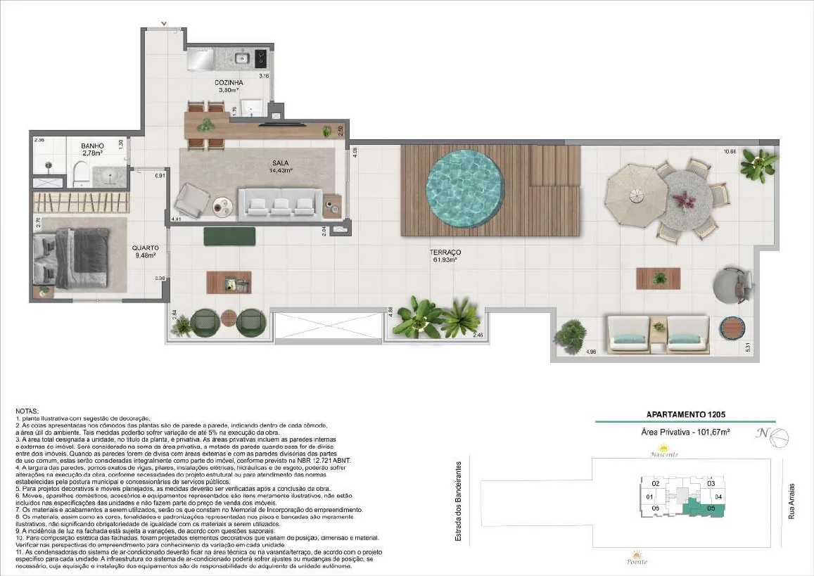 Planta da cobertura linear de 1 quarto — 101,67 m², unidade 1205