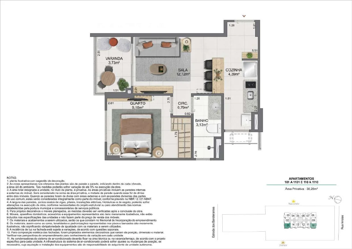 Planta do apartamento tipo de 1 quarto — 38,26 m², colunas 01 e 10