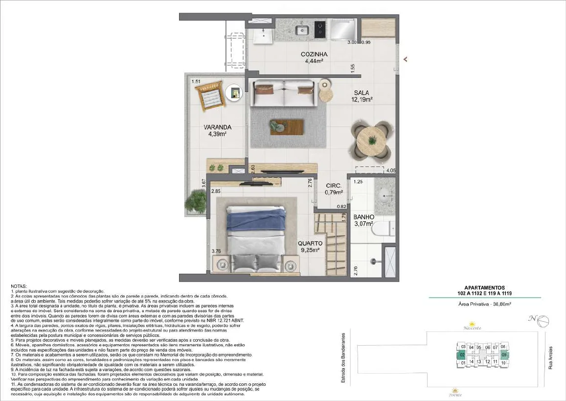 Planta do apartamento tipo de 1 quarto — 38,80 m², colunas 02 e 19