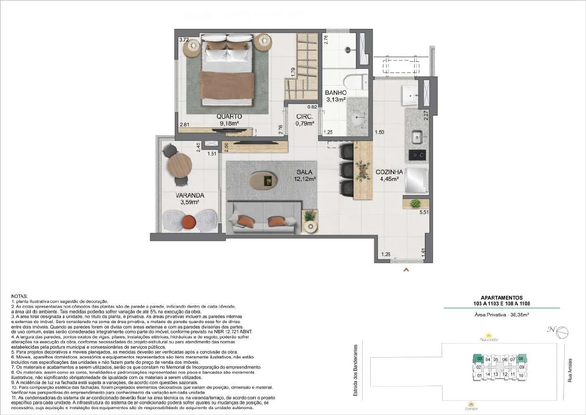 Planta do apartamento tipo de 1 quarto — 38,35 m², colunas 03 e 08